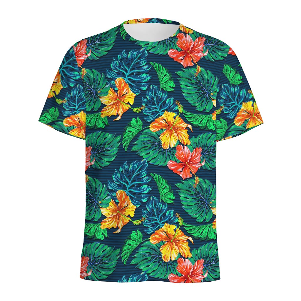 Hibiscus Monstera Hawaii Pattern Print Men's Sports T-Shirt