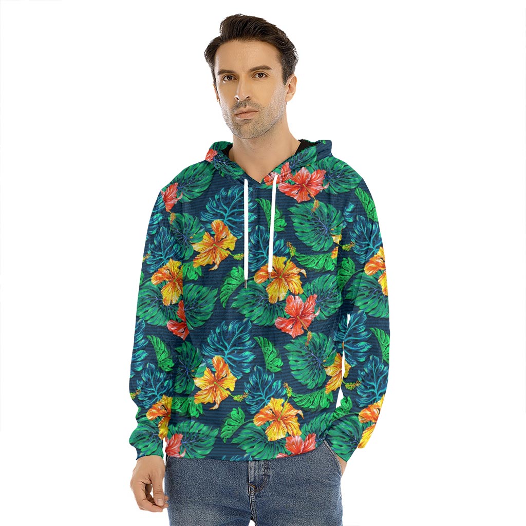 Hibiscus Monstera Hawaii Pattern Print Men's Velvet Pullover Hoodie