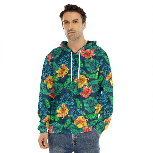 Hibiscus Monstera Hawaii Pattern Print Men's Velvet Pullover Hoodie