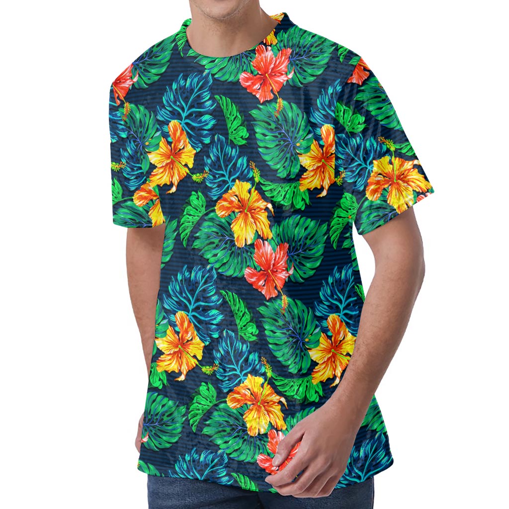 Hibiscus Monstera Hawaii Pattern Print Men's Velvet T-Shirt