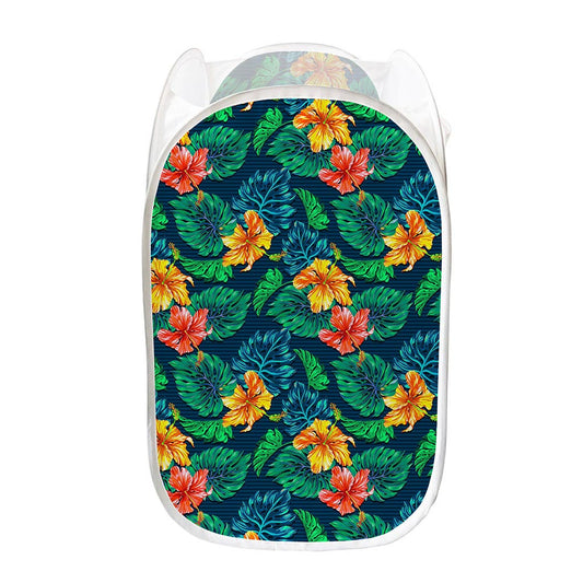 Hibiscus Monstera Hawaii Pattern Print Mesh Laundry Hamper