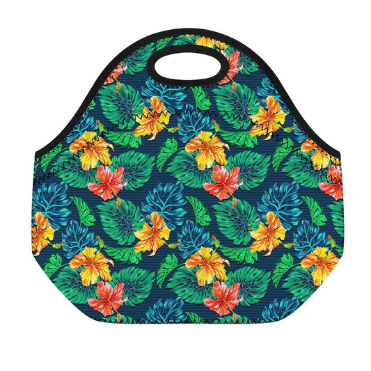 Hibiscus Monstera Hawaii Pattern Print Neoprene Lunch Bag