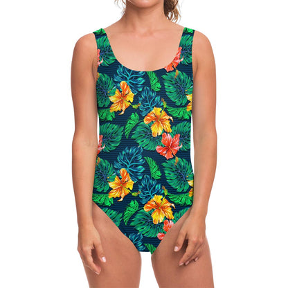 Hibiscus Monstera Hawaii Pattern Print One Piece Swimsuit