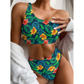 Hibiscus Monstera Hawaii Pattern Print One Shoulder Bikini Set