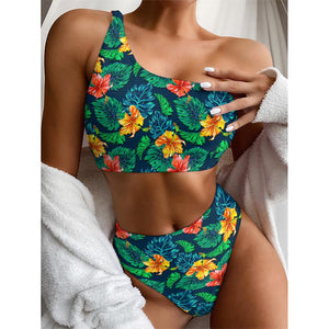 Hibiscus Monstera Hawaii Pattern Print One Shoulder Bikini Top