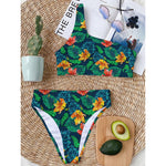 Hibiscus Monstera Hawaii Pattern Print One Shoulder Bikini Top