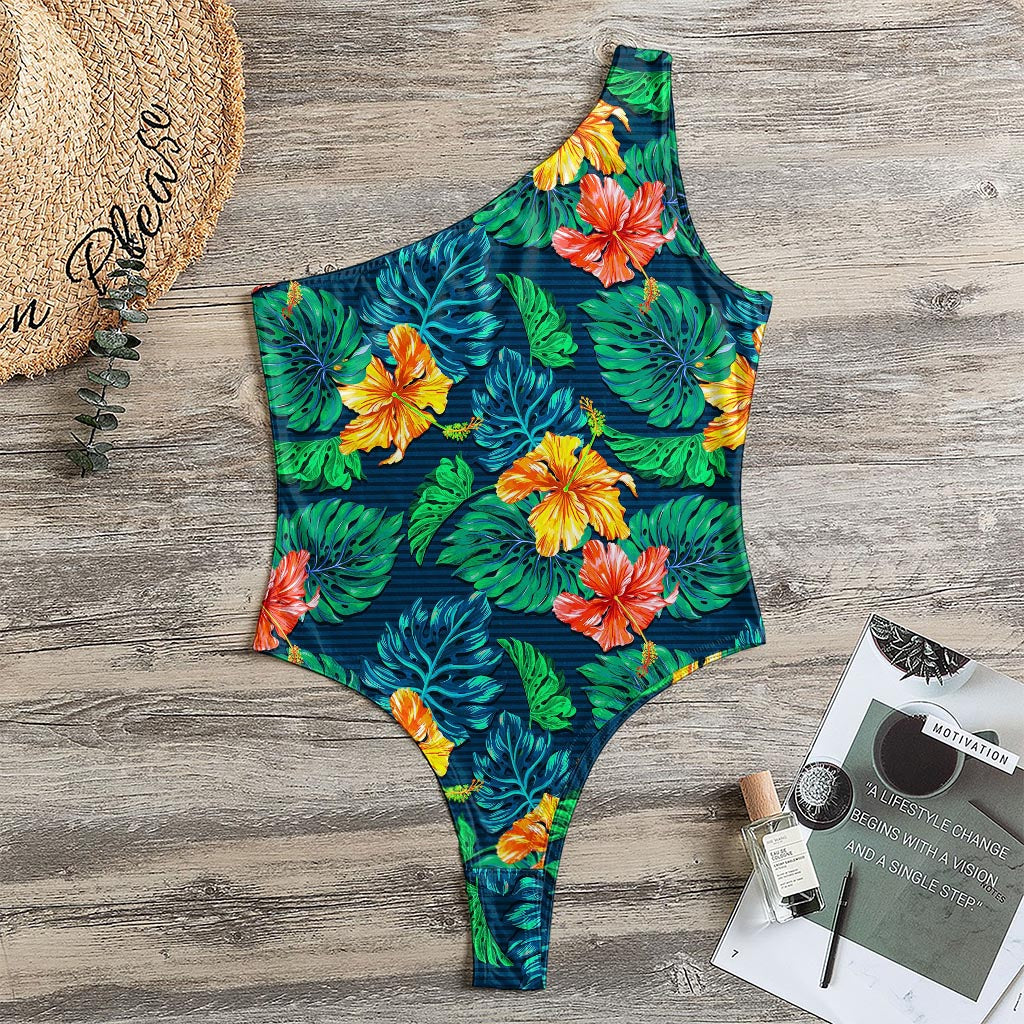 Hibiscus Monstera Hawaii Pattern Print One Shoulder Bodysuit