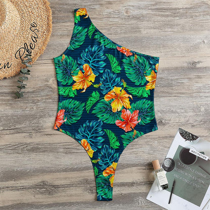 Hibiscus Monstera Hawaii Pattern Print One Shoulder Bodysuit
