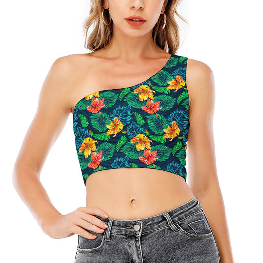 Hibiscus Monstera Hawaii Pattern Print One Shoulder Crop Top