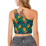 Hibiscus Monstera Hawaii Pattern Print One Shoulder Crop Top