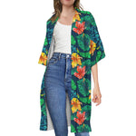 Hibiscus Monstera Hawaii Pattern Print Open Front Beach Cover Up