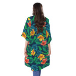 Hibiscus Monstera Hawaii Pattern Print Open Front Beach Cover Up