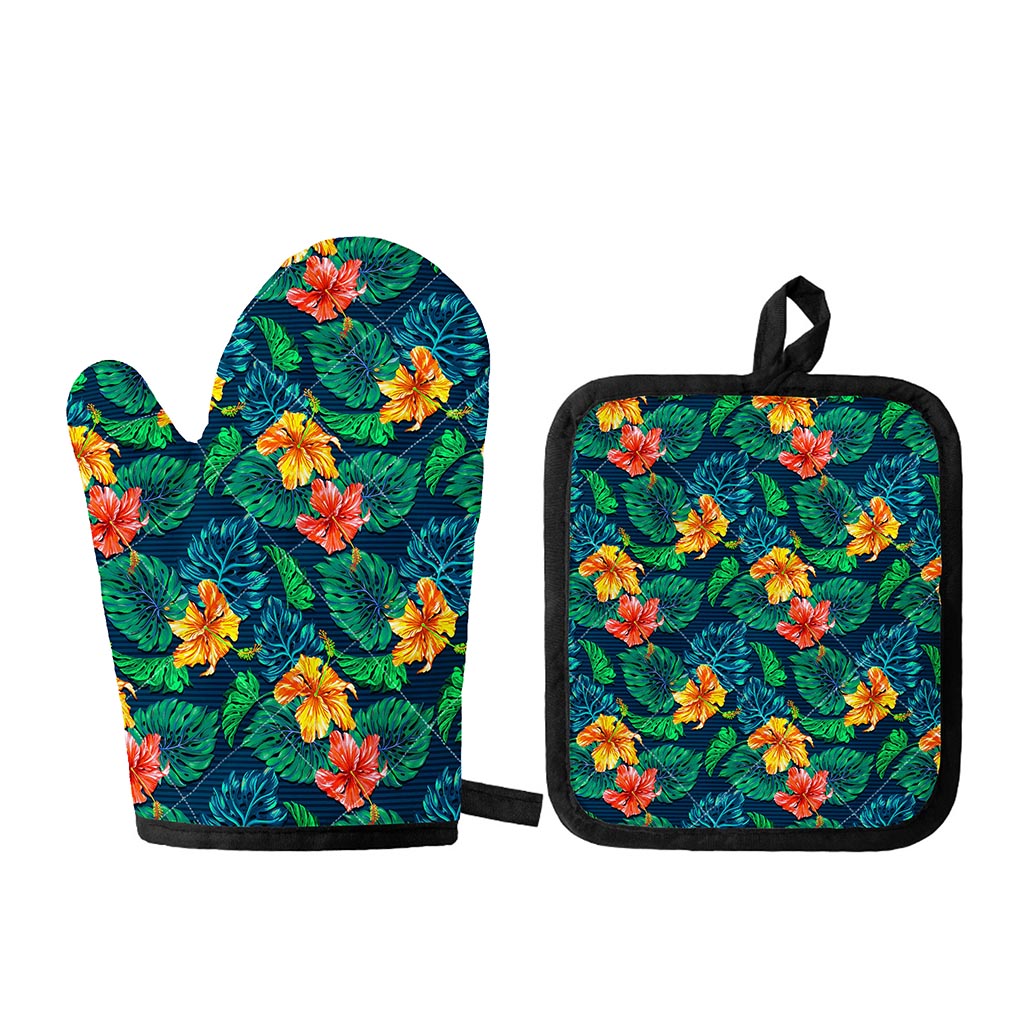 Hibiscus Monstera Hawaii Pattern Print Oven Mitt And Pot Holder Set