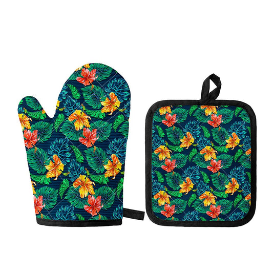 Hibiscus Monstera Hawaii Pattern Print Oven Mitt And Pot Holder Set