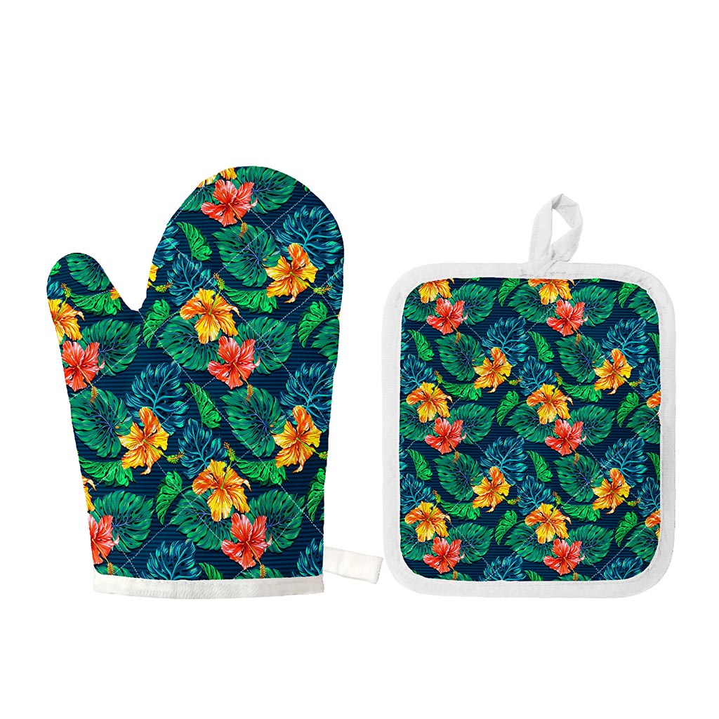 Hibiscus Monstera Hawaii Pattern Print Oven Mitt And Pot Holder Set