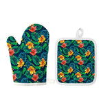 Hibiscus Monstera Hawaii Pattern Print Oven Mitt And Pot Holder Set