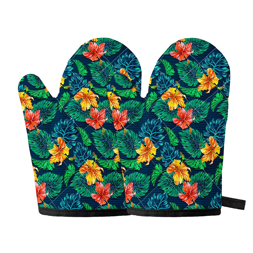 Hibiscus Monstera Hawaii Pattern Print Oven Mitts
