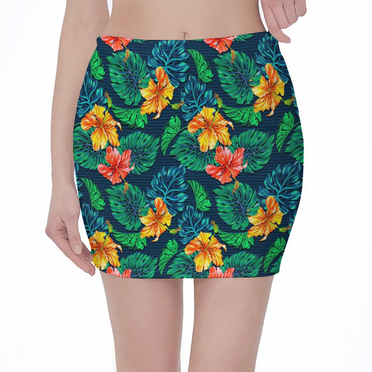 Hibiscus Monstera Hawaii Pattern Print Pencil Mini Skirt
