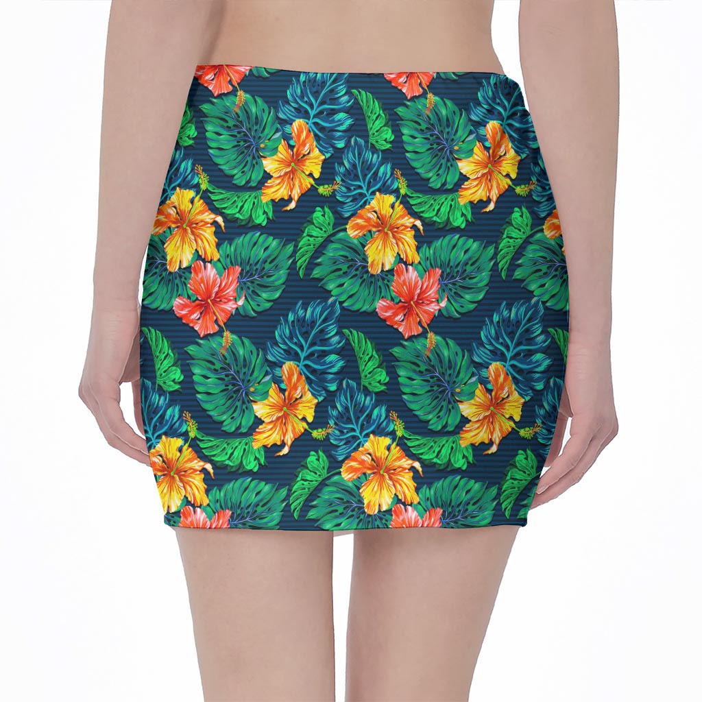 Hibiscus Monstera Hawaii Pattern Print Pencil Mini Skirt