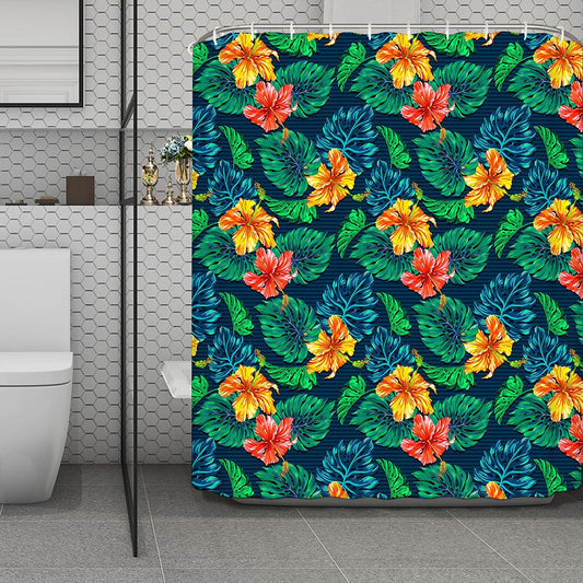 Hibiscus Monstera Hawaii Pattern Print Polyester Shower Curtain