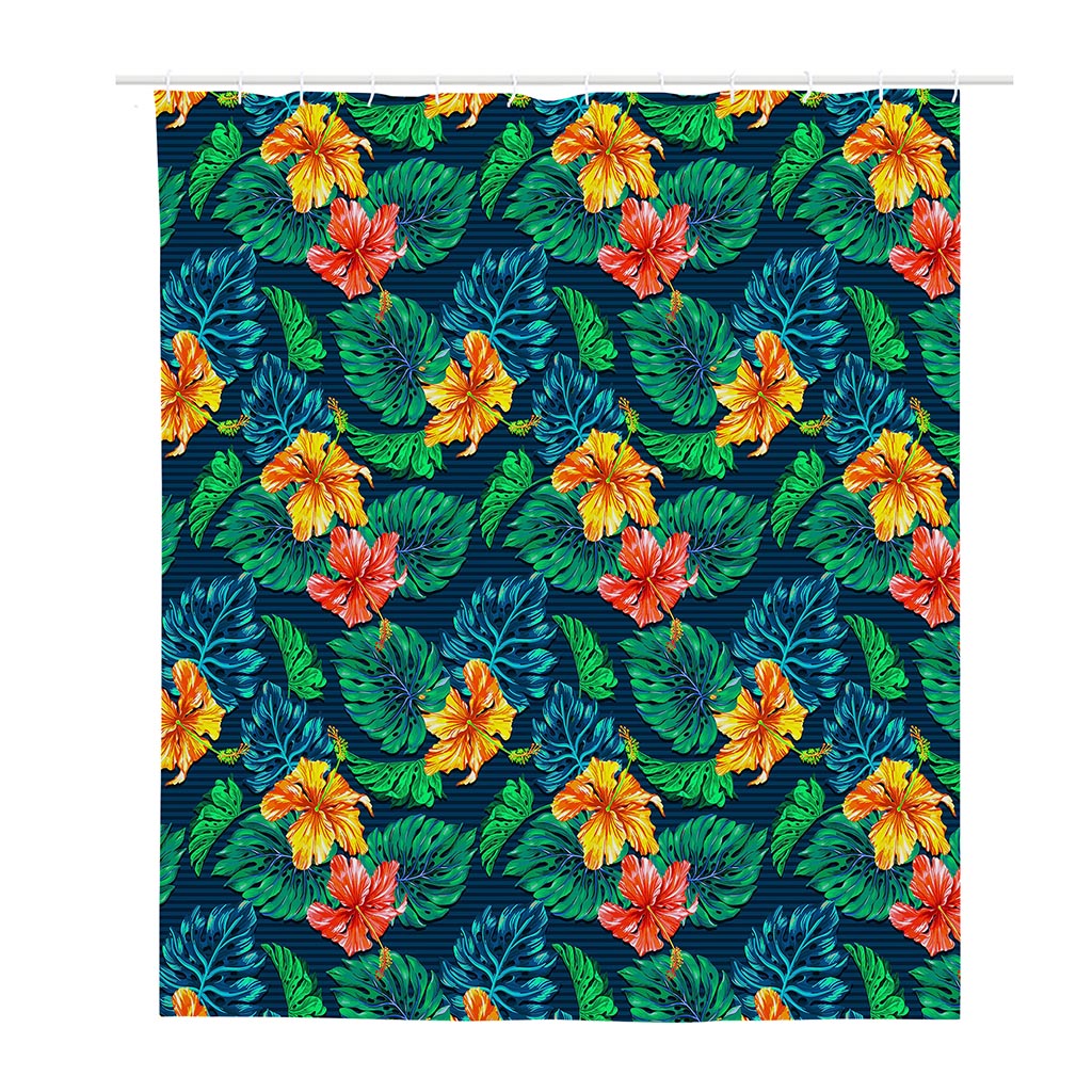 Hibiscus Monstera Hawaii Pattern Print Polyester Shower Curtain