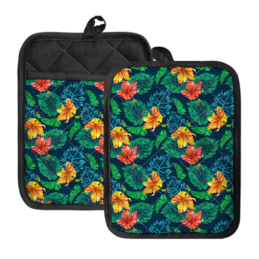 Hibiscus Monstera Hawaii Pattern Print Pot Holders With Pocket