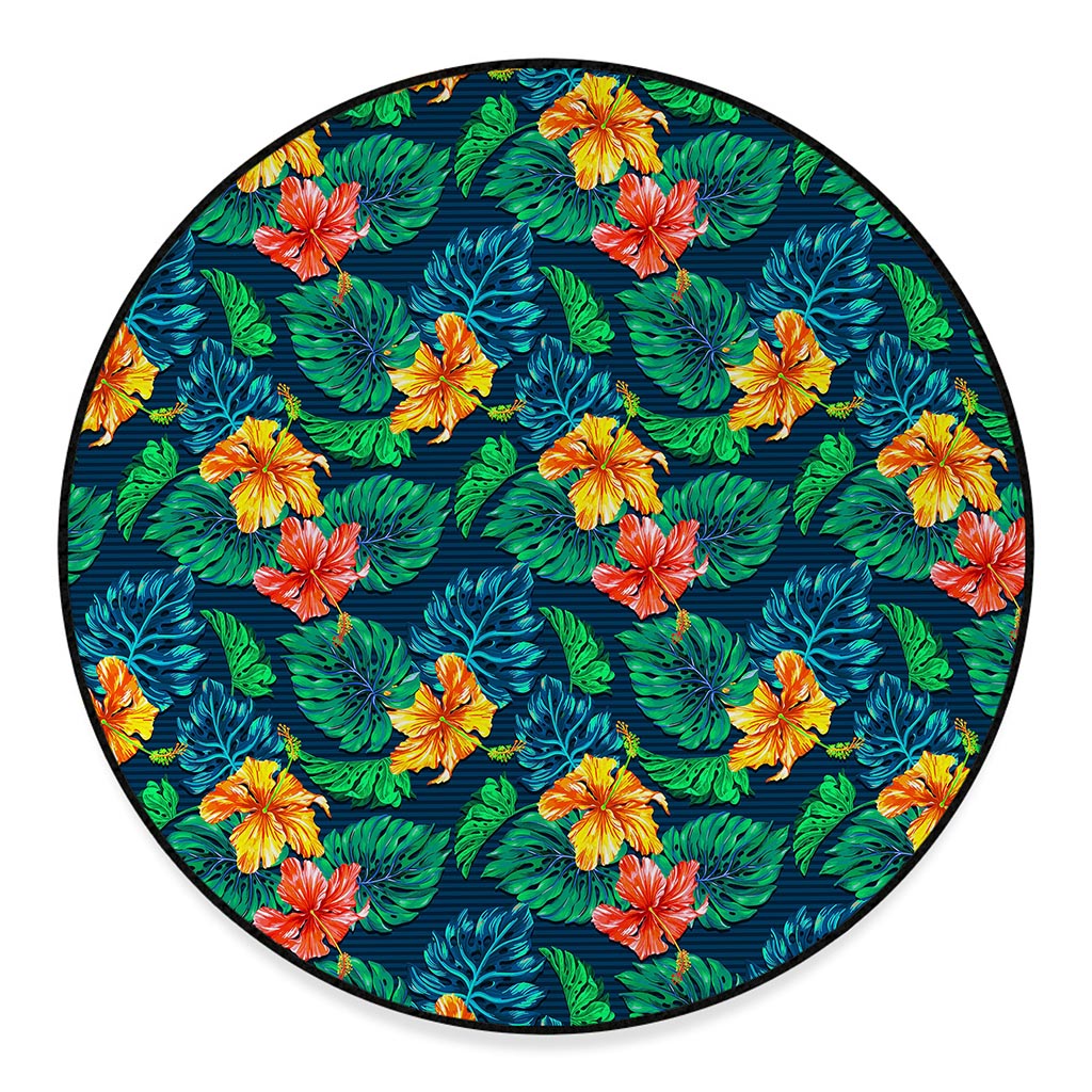 Hibiscus Monstera Hawaii Pattern Print Round Floor Mat