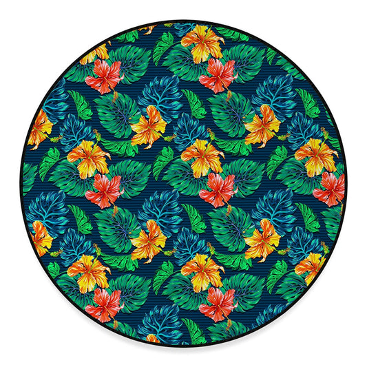 Hibiscus Monstera Hawaii Pattern Print Round Floor Mat