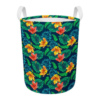 Hibiscus Monstera Hawaii Pattern Print Round Laundry Basket