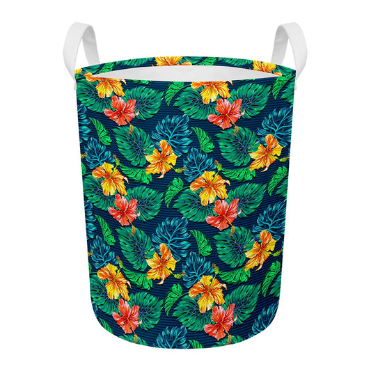 Hibiscus Monstera Hawaii Pattern Print Round Laundry Basket