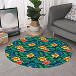 Hibiscus Monstera Hawaii Pattern Print Round Rug