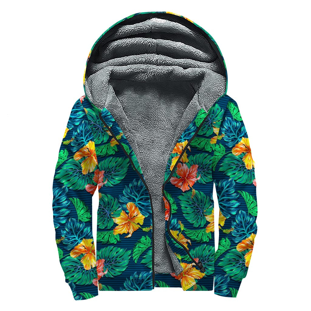 Hibiscus Monstera Hawaii Pattern Print Sherpa Lined Zip Up Hoodie