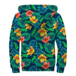 Hibiscus Monstera Hawaii Pattern Print Sherpa Lined Zip Up Hoodie