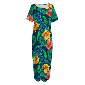 Hibiscus Monstera Hawaii Pattern Print Short Sleeve Long Nightdress