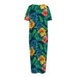 Hibiscus Monstera Hawaii Pattern Print Short Sleeve Long Nightdress