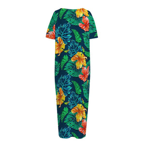 Hibiscus Monstera Hawaii Pattern Print Short Sleeve Long Nightdress