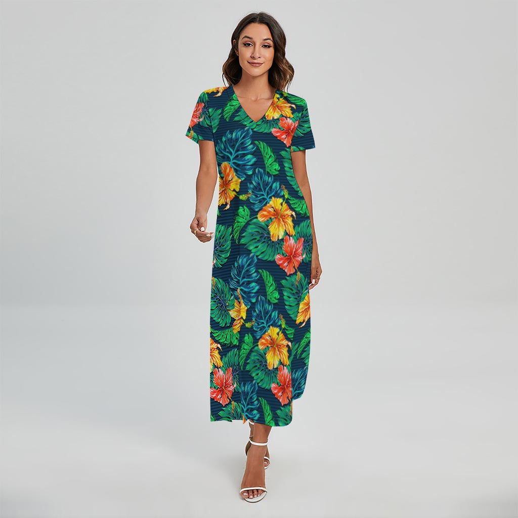 Hibiscus Monstera Hawaii Pattern Print Short Sleeve Maxi Dress