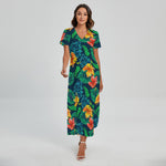 Hibiscus Monstera Hawaii Pattern Print Short Sleeve Maxi Dress