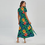 Hibiscus Monstera Hawaii Pattern Print Short Sleeve Maxi Dress