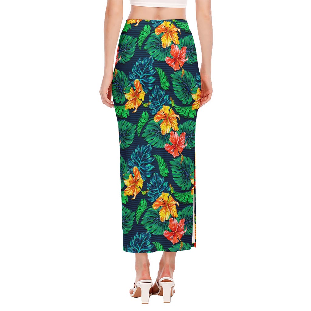 Hibiscus Monstera Hawaii Pattern Print Side Slit Maxi Skirt