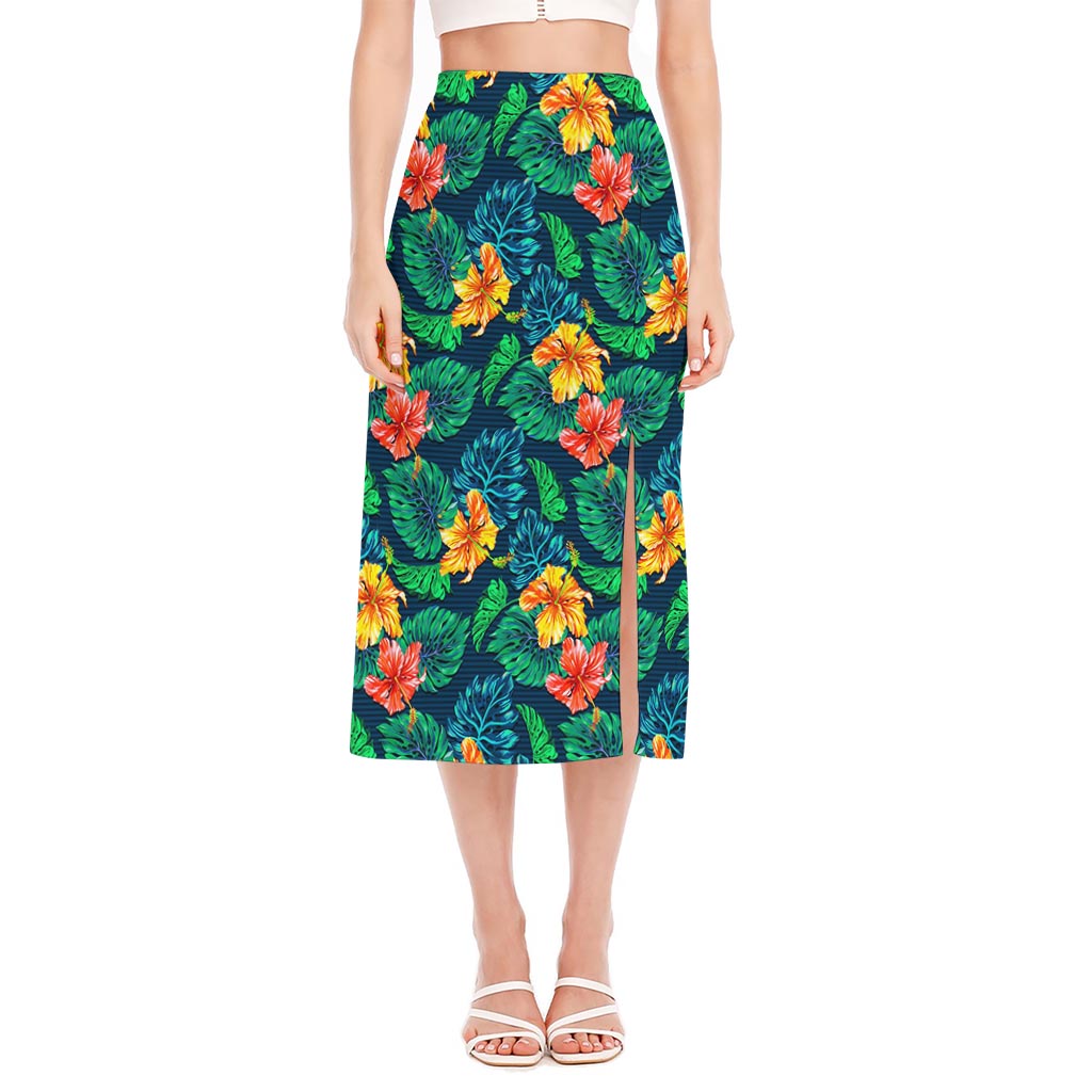 Hibiscus Monstera Hawaii Pattern Print Side Slit Midi Skirt