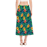 Hibiscus Monstera Hawaii Pattern Print Side Slit Midi Skirt