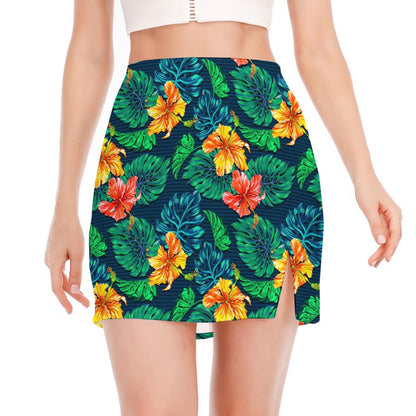 Hibiscus Monstera Hawaii Pattern Print Side Slit Mini Skirt