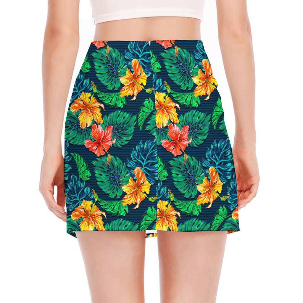 Hibiscus Monstera Hawaii Pattern Print Side Slit Mini Skirt