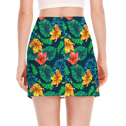 Hibiscus Monstera Hawaii Pattern Print Side Slit Mini Skirt