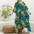 Hibiscus Monstera Hawaii Pattern Print Silk V-Neck Kaftan Dress
