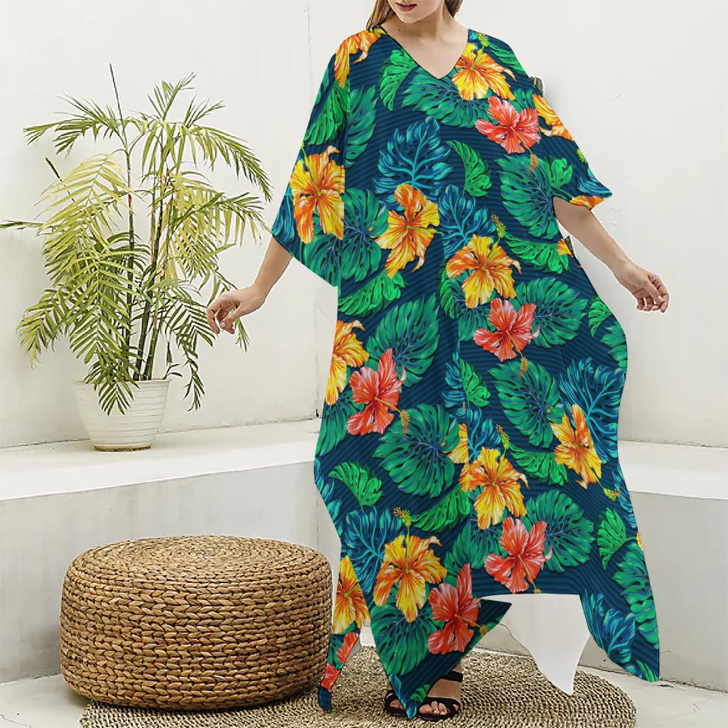 Hibiscus Monstera Hawaii Pattern Print Silk V-Neck Kaftan Dress
