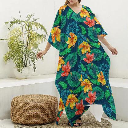 Hibiscus Monstera Hawaii Pattern Print Silk V-Neck Kaftan Dress