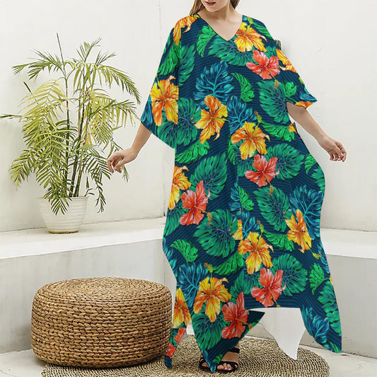 Hibiscus Monstera Hawaii Pattern Print Silk V-Neck Kaftan Dress
