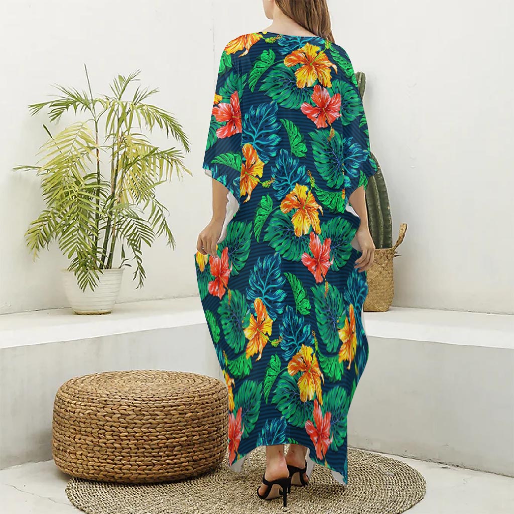 Hibiscus Monstera Hawaii Pattern Print Silk V-Neck Kaftan Dress